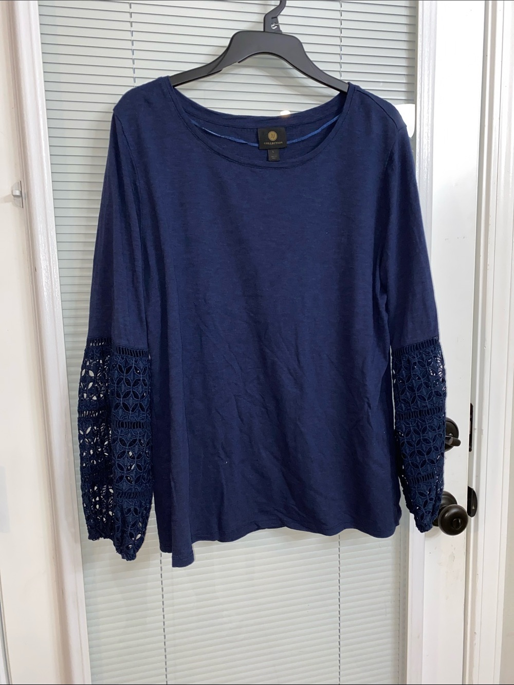 JM Collection Navy Long Sleeve Top with Crochet Sleeves